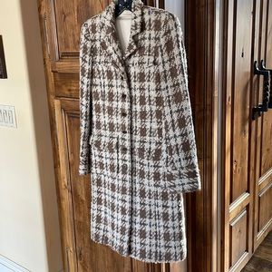 THEORY Long Tan Gray Plaid Tweed Coat XS